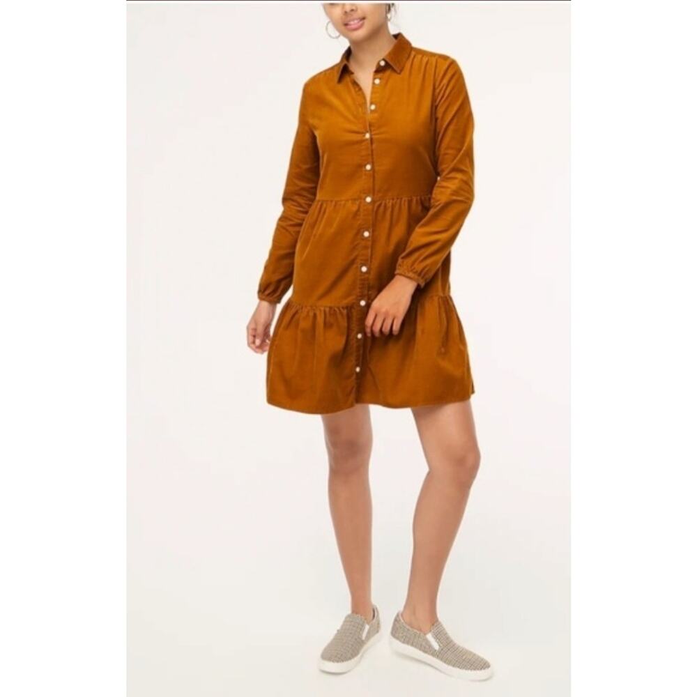 J.Crew Size 0 Re-Imagined Tiered Corduroy Shirt Dress Mustard